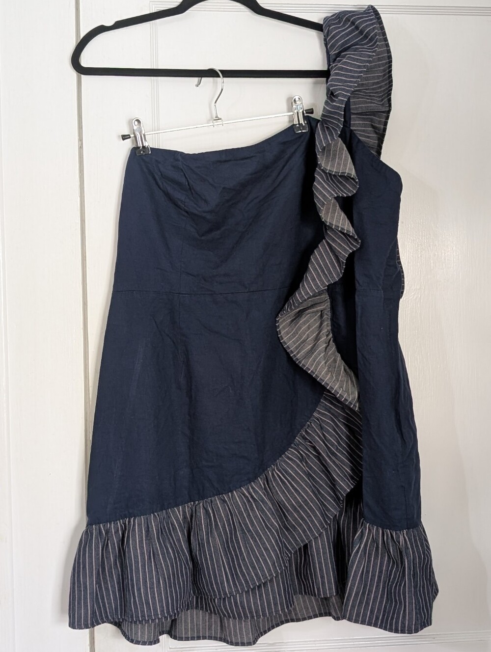 Blue Ruffle Striped One Shoulder Linen Mini Sheath Dress Womens Sz 1X Navy Blue